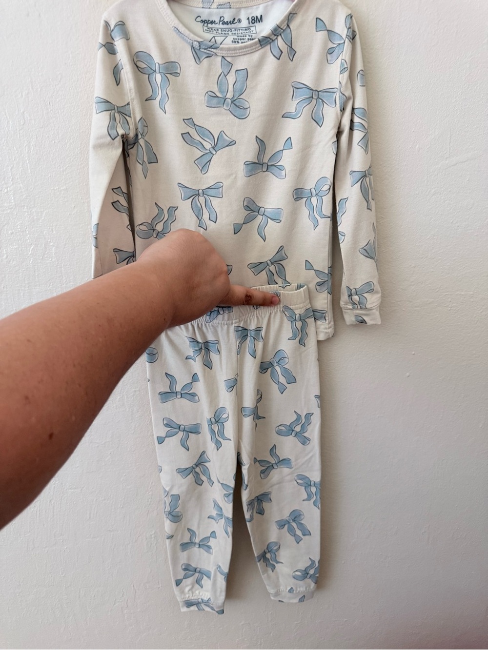 Copper Pearl 18M Cream Pajama Set with Light Blue Bow Print